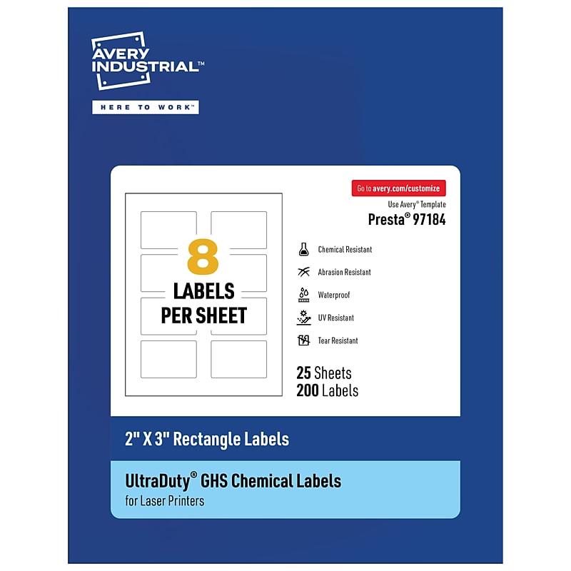 Avery Laser UltraDuty GHS Labels, 2" x 3", White, 200 Labels/Pack (97184) image 1