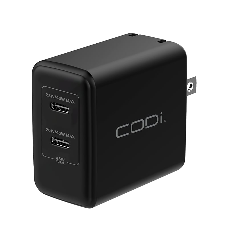 CODi PowerLine+ Dual USB-C Wall Charger, 45W, Black (WC045-2C) image 1