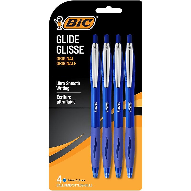 BIC Glide Retractable Ballpoint Pen, Medium Point, 1.0mm, Blue Ink, 4/Pack (13938) image 1