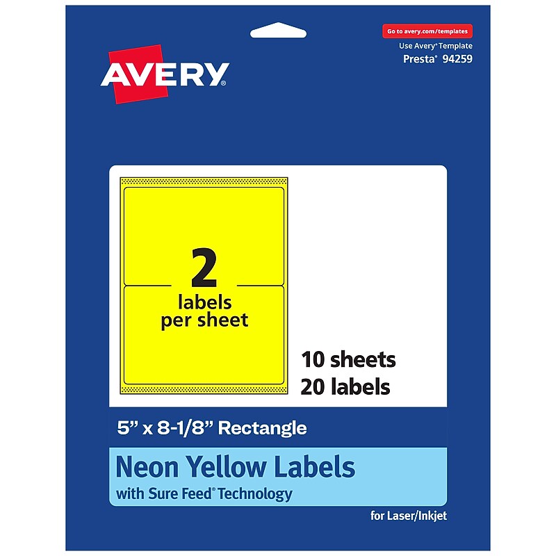 Avery Rectangle Laser/Inkjet Multipurpose Labels, 5" x 8-1/8", Neon Yellow (20/Pack) image 1