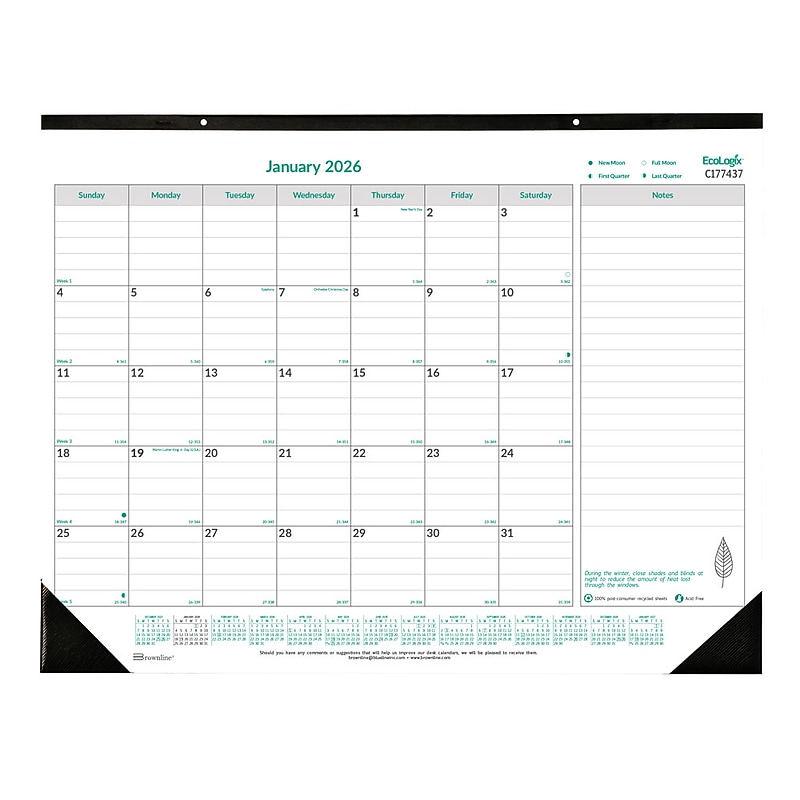 2026 Brownline EcoLogix 22" x 17" Monthly Desk or Wall Calendar, White/Green (C177437) image 1