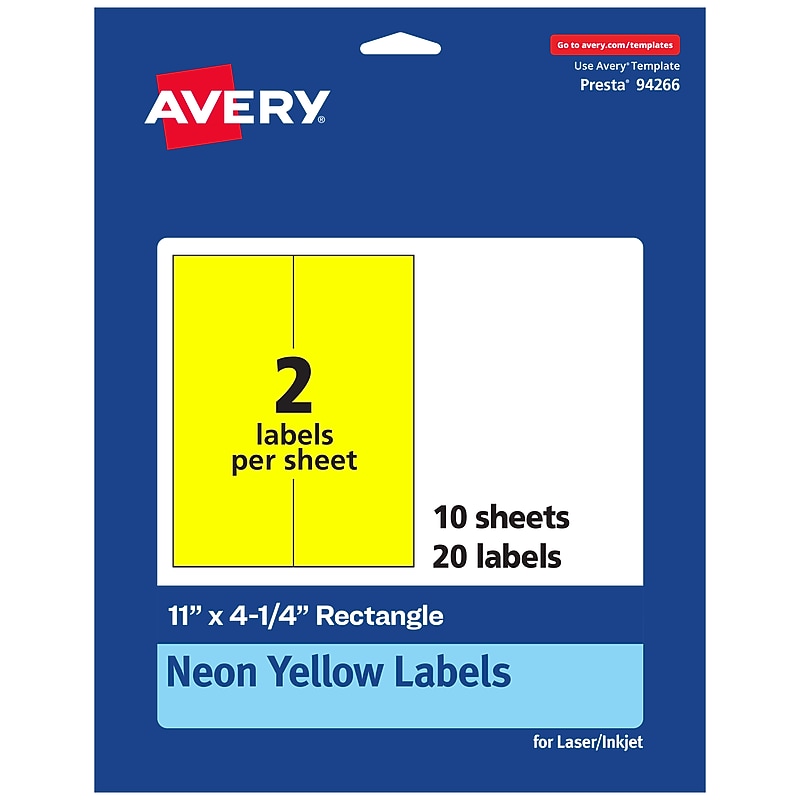 Avery Laser/Inkjet Rectangle Multipurpose Labels, 11" x 4.25", Neon Yellow, 20/Pack (94266) image 1
