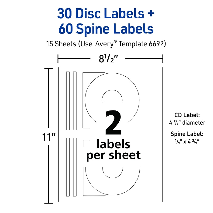 Avery Color Laser CD Labels, Matte White, 2 Labels/Sheet, 15