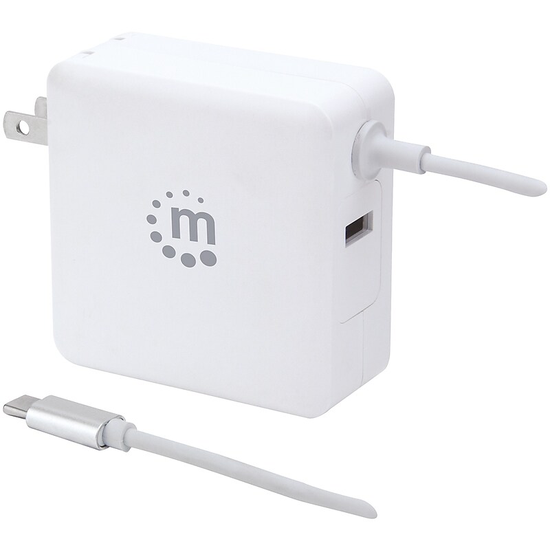 Manhattan Power Delivery Wall Charger with Built-in USB-C Cable, 60-Watts, White, (180245) image 1