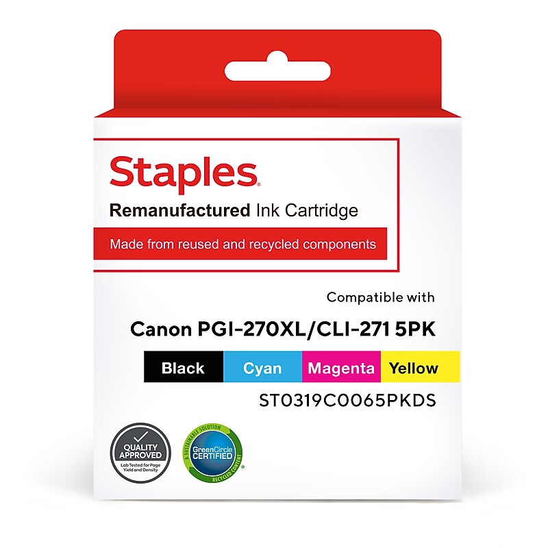 Staples Remanufactured Black High Yield, Black, Cyan, Magenta, Yellow Standard Yield Ink Cartridges Replacement for Canon PGI-27 image 1