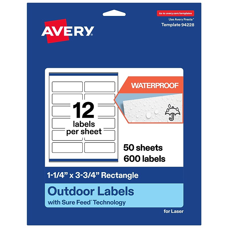 Avery Waterproof Rectangle Laser Multipurpose Labels, 1.25" x 3.75", White, 600/Box (19479399270) image 1