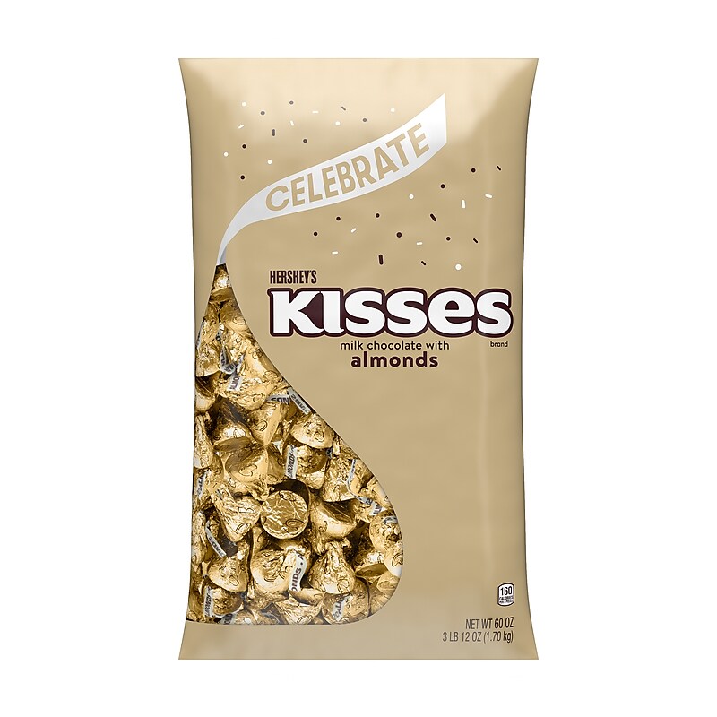HERSHEY'S KISSES Milk Chocolate with Almonds Candy Bulk Bag, Gold Foils, 60 oz., 400/Bag (HEC16222) image 1