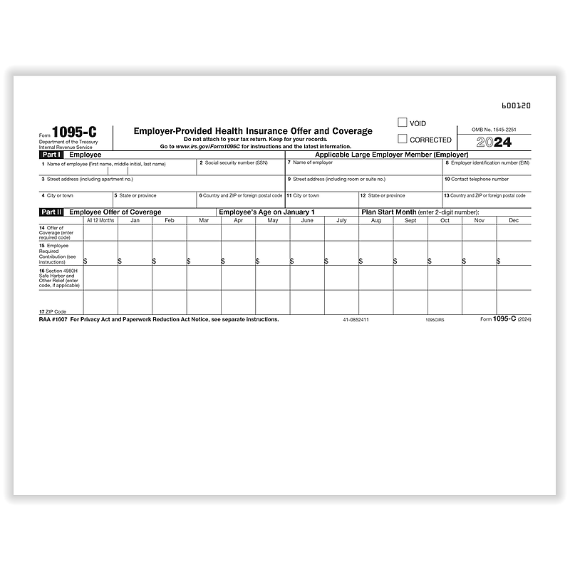 ComplyRight 2024 1095-C Tax Form, 1-Part, White/Black, 500/Pack (1095CIRS500) image 1