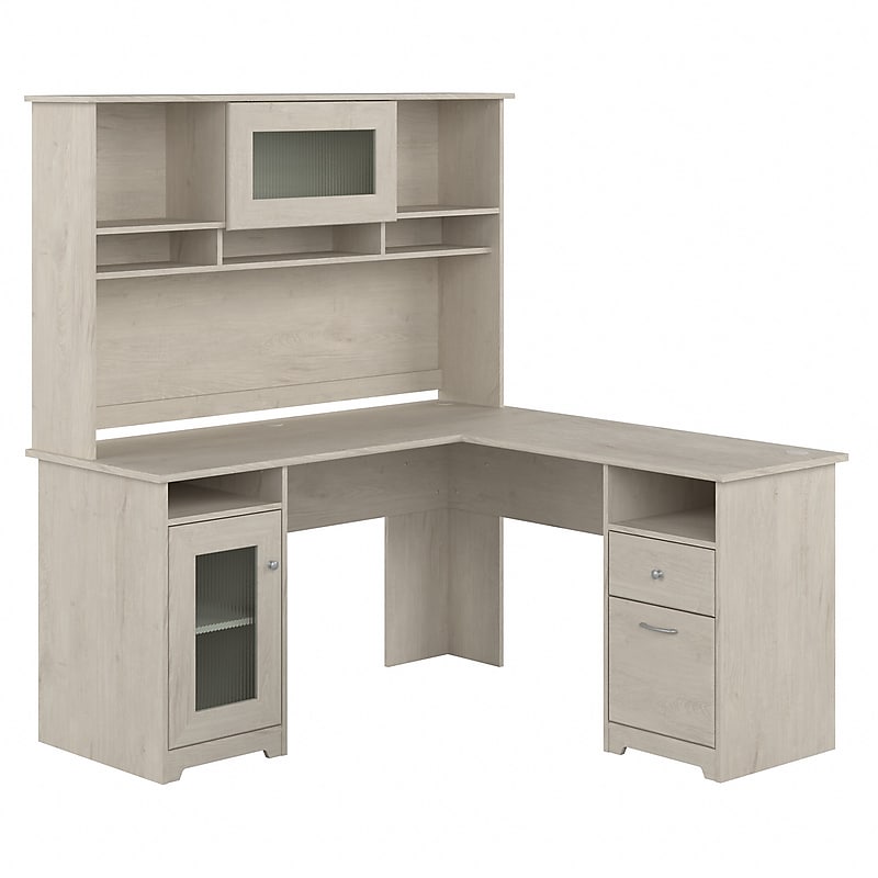 Bush Furniture Cabot 60"W L Shaped Computer Desk with Hutch and Storage, Linen White Oak (CAB001LW) image 1