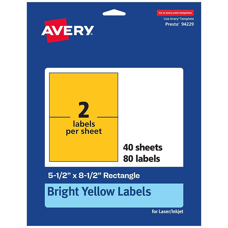 Avery Laser/Inkjet Rectangle Multipurpose Labels, 5.5" x 8.5", Bright Yellow, 80/Pack (94229) image 1