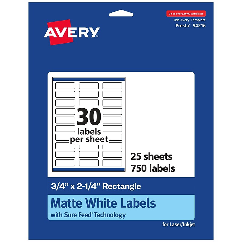 Avery Laser/Inkjet Multipurpose Rectangle Labels, 0.75" x 2.25", White, 750 Labels/Pack (94216) image 1