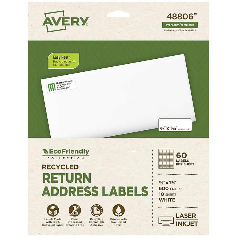 Avery EcoFriendly Return Address Labels, Matte White, 2/3" x 1-3/4", Laser/Inkjet, 60 Labels/Sheet, 600 Labels Total (48806) image 1