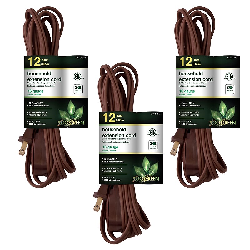 GoGreen Power 12' Extension Cord, 3-Outlet, 16 AWG, Brown (GG-24812-3) image 1