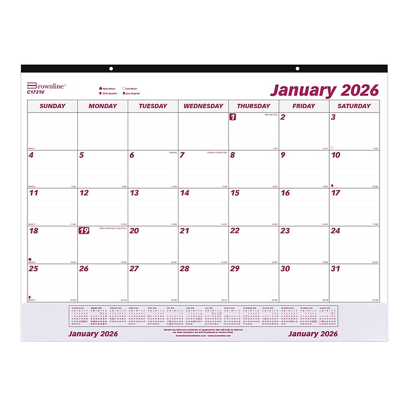 2026 Brownline Classic 22" x 17" Monthly Desk Pad Calendar, Burgundy/White (C1731V) image 1