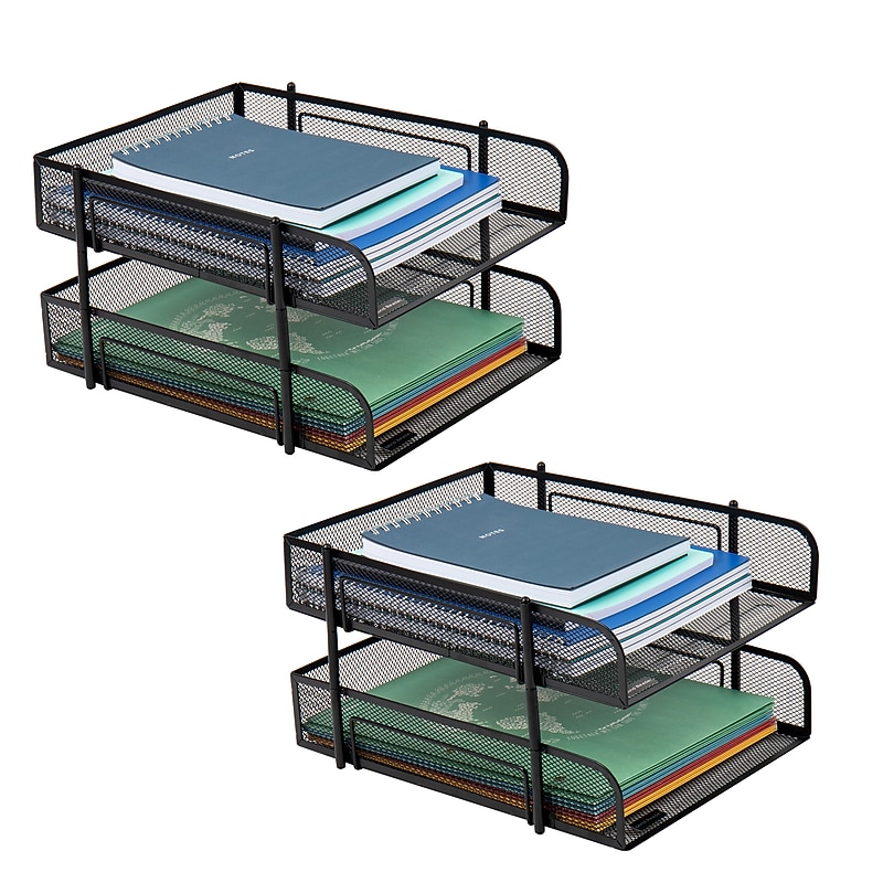 Mind Reader 2-Tier Stackable Paper Desk Tray, Metal Mesh, Black, 2/Set (2CSTACK2-BLK) image 1