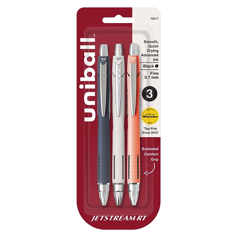 uni-ball Jetstream RT Retractable Ballpoint Pen, Fine Point, 0.7mm, Black Ink, 3 Pack (70917) image 1