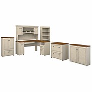 Bush Furniture Fairview 60W L Shaped Desk with Hutch, Bookcase, Storage and File Cabinets, Antique White/Tea Maple (FV014AW)