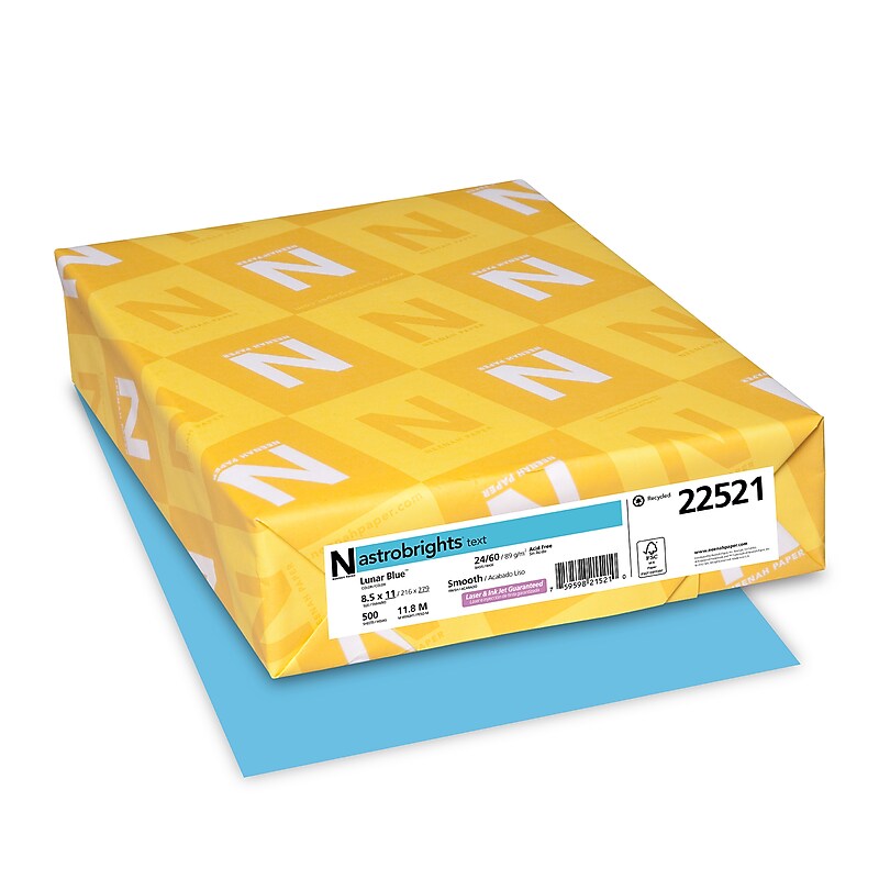 Astrobrights 8.5" x 11" Color Multipurpose Paper, 24 lbs., Lunar Blue, 500 Sheets/Ream, 10/Ream (22521/21528CT) image 1