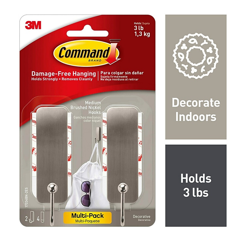 Command Medium Decorative Hooks, 3 lb., Silver, 2/Pack (17034BN-2ES) image 1