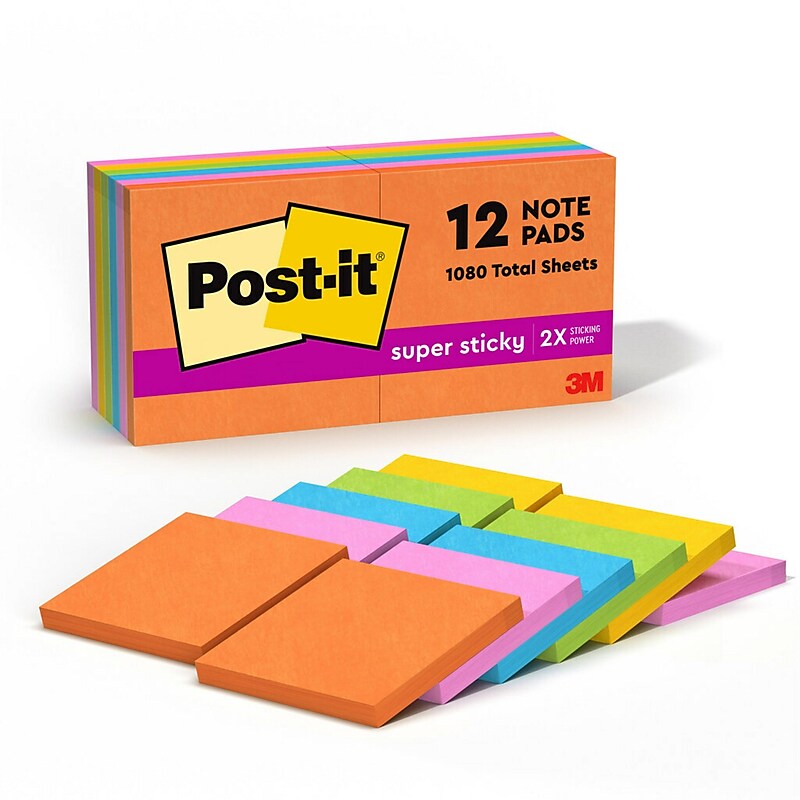 Post-it Super Sticky Notes, 3" x 3", Energy Boost Collection, 90 Sheet/Pad, 12 Pads/Pack (65412SSUC) image 1