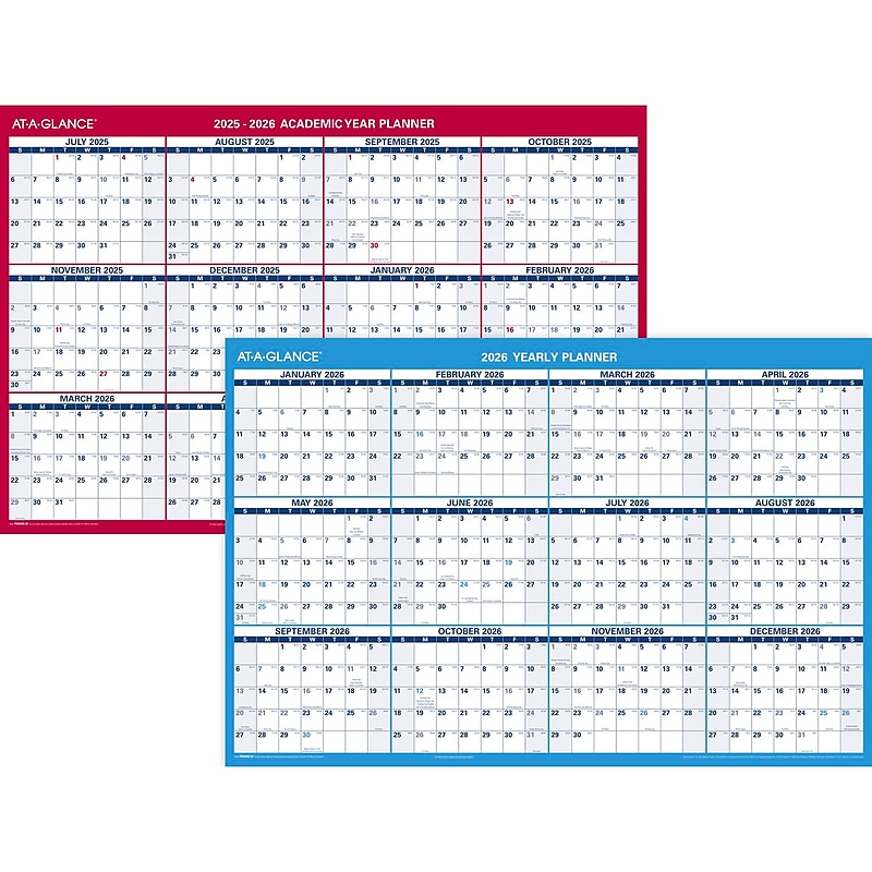 2025-2027 AT-A-GLANCE 36" x 24" Academic & Calendar Yearly Wet-Erase Wall Calendar, Red/Blue (PM200P-28-26) image 1