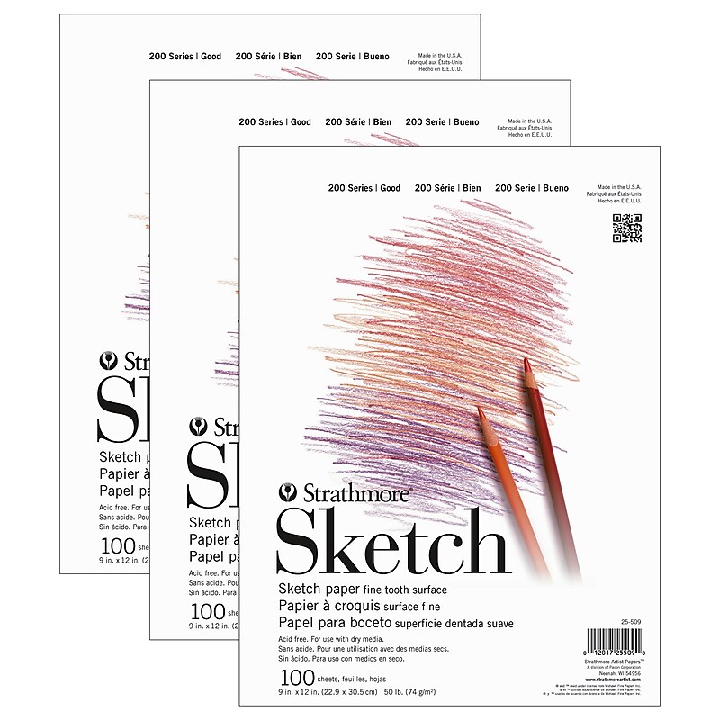 Strathmore 200 Series 9" x 12" Sketch Pad, 100 Sheets/Pad, 3/Bundle (STTP255091-3) image 1