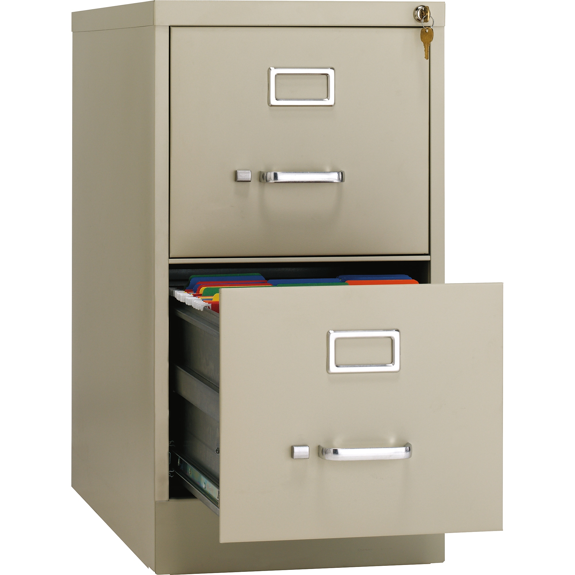Two-drawer file cabinet with bottom drawer open showing hanging file folders