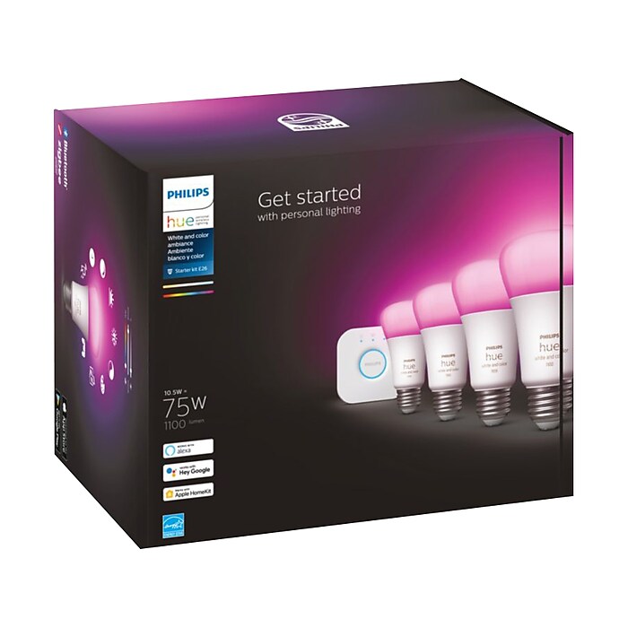 Philips Hue White Starter Kit A19 16 Million Colors 10.5W E26 563296 Staples