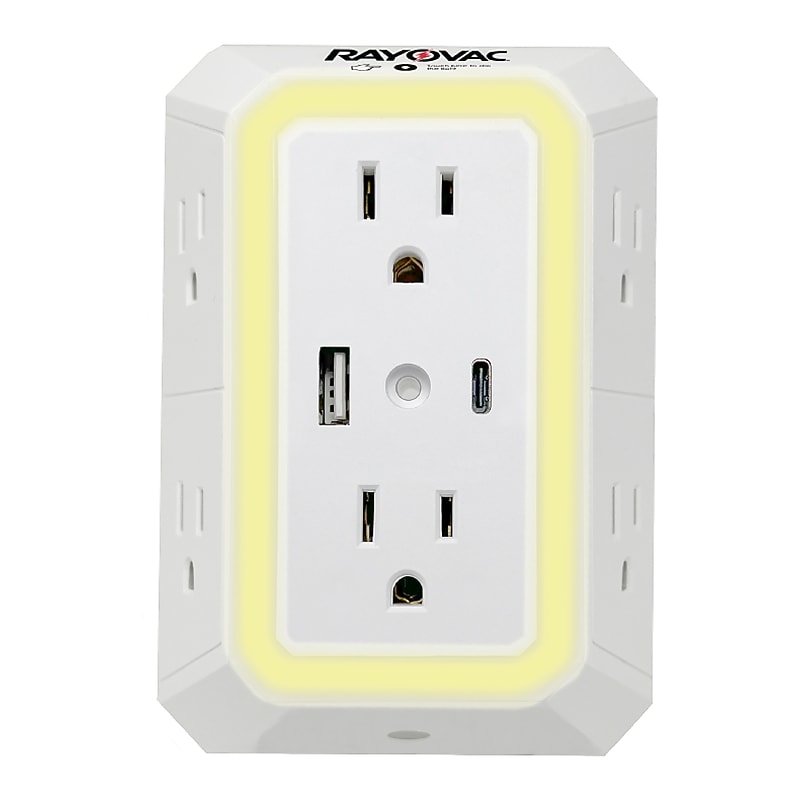 RAYOVAC 2-Outlet 2-USB Portable Surge Protector Wall Tap with Night-Light, 300-Joules, White (SS-Q205) image 1