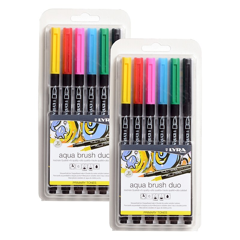 Lyra Aqua Brush Duo Water-Based Marker, Dual-Tip, Assorted Colors, 6 Markers/Set, 2 Sets/Bundle (LYXL6521060-2) image 1