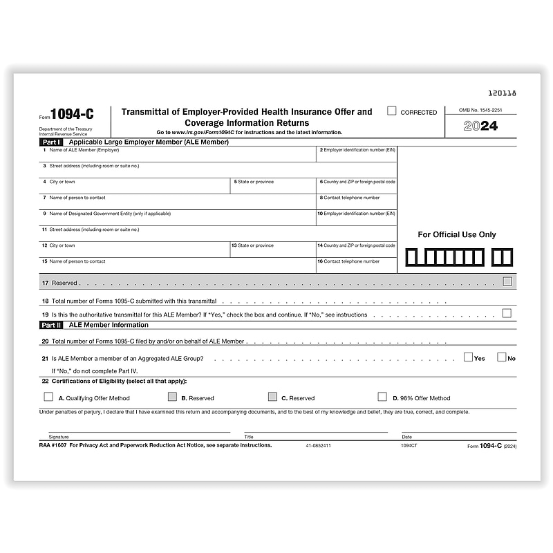 ComplyRight 2024 1094-C Tax Form, 1-Part, White/Black, 500/Pack (1094CT500) image 1