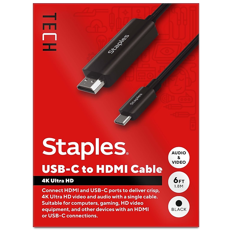 Staples TECH 6 ft. USB-C to HDMI Audio/Video Cable, Male to Male, Black (ST62472) image 1