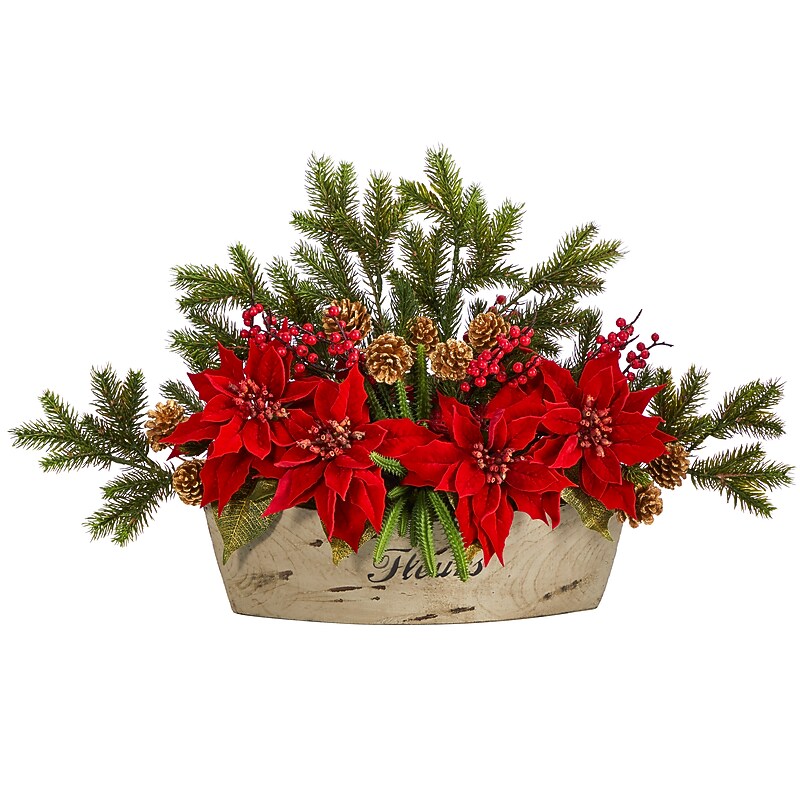 Nearly Natural Artificial Poinsettia, Succulent and Pine Arrangement in Decorative Vase, 25" (A1409) image 1