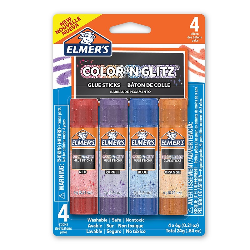Elmer’s Color 'n Glitz Glue Sticks, Washable, Assorted Colors, 0.21 oz, 4/Pack image 1