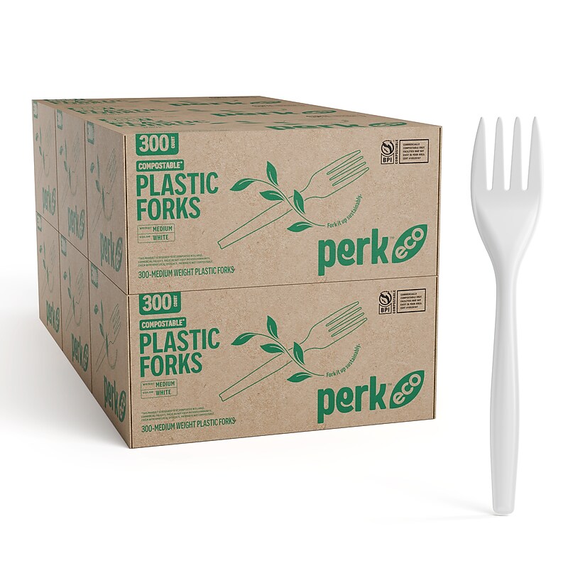 Perk™ Eco Compostable PLA Fork, Medium-Weight, White, 1800/Carton (PK56201CT) image 1