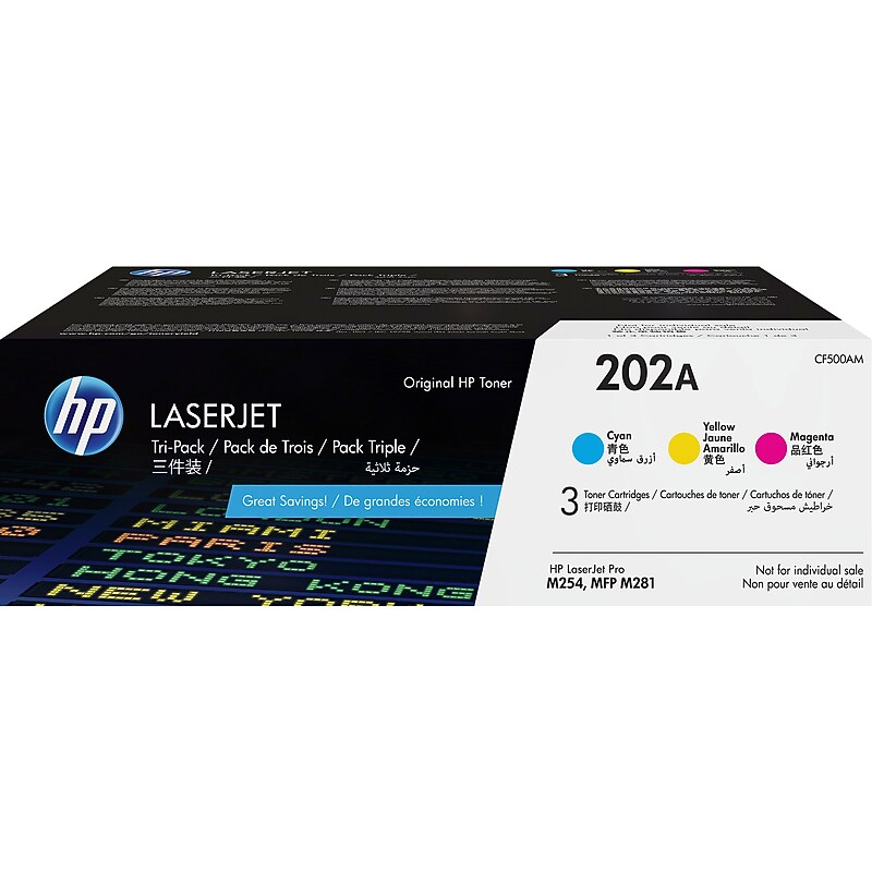 HP 202A Cyan/Magenta/Yellow Standard Yield Toner Cartridge, 3/Pack (CF500AM) image 1
