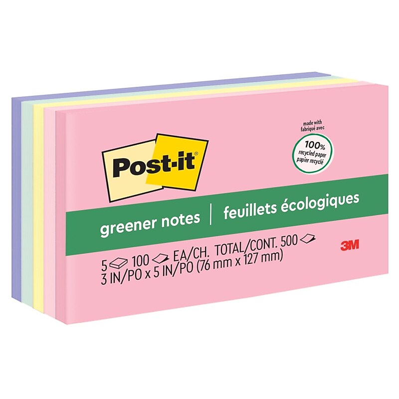 Post-it Greener Recycled Notes, 3" x 5", Sweet Sprinkles Collection, 100 Sheet/Pad, 5 Pads/Pack (655RPA) image 1