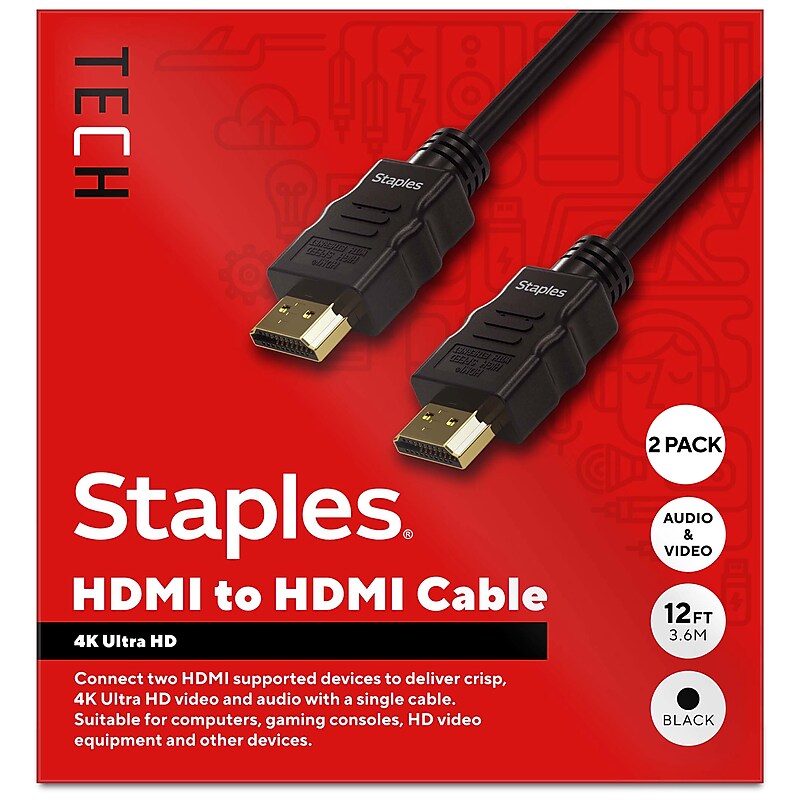 Staples TECH 12 ft. HDMI to HDMI Audio/Video Cable, Male to Male, Black, 2/Pack (ST62465-VB) image 1