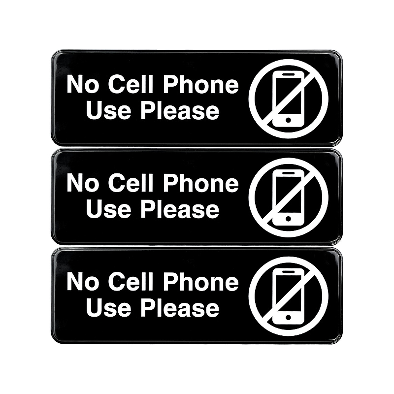 Excello Global Products No Cell Phone Use Please Indoor/Outdoor Wall Sign, 9" x 3", Black/White, 3/Pack (EGP-HD-0266) image 1