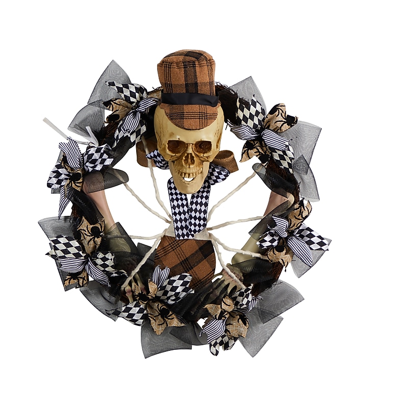 Nearly Natural Halloween Skull in Plaid Mesh Wreath, 24" (W1208) image 1