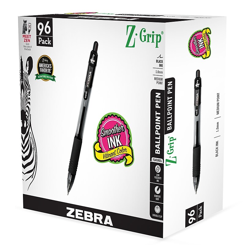 Zebra Z-Grip Retractable Ballpoint Pen, Medium Point, 1.0mm, Black Ink, 96/Pack (22196) image 1