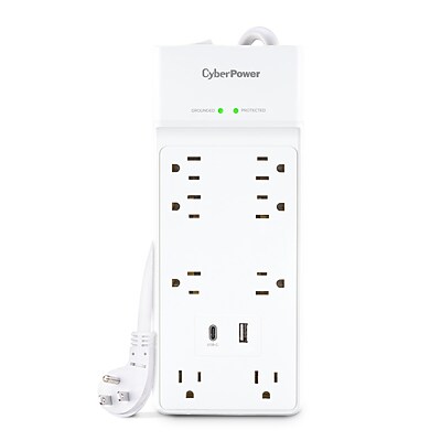 CyberPower P806UC15 Home Office 8-Outlet Surge Protector, 1-USB-C Port, 1-USB-A Port, 6 ft. Cord, 2400J Surge Suppression, White Simolary simolary.com