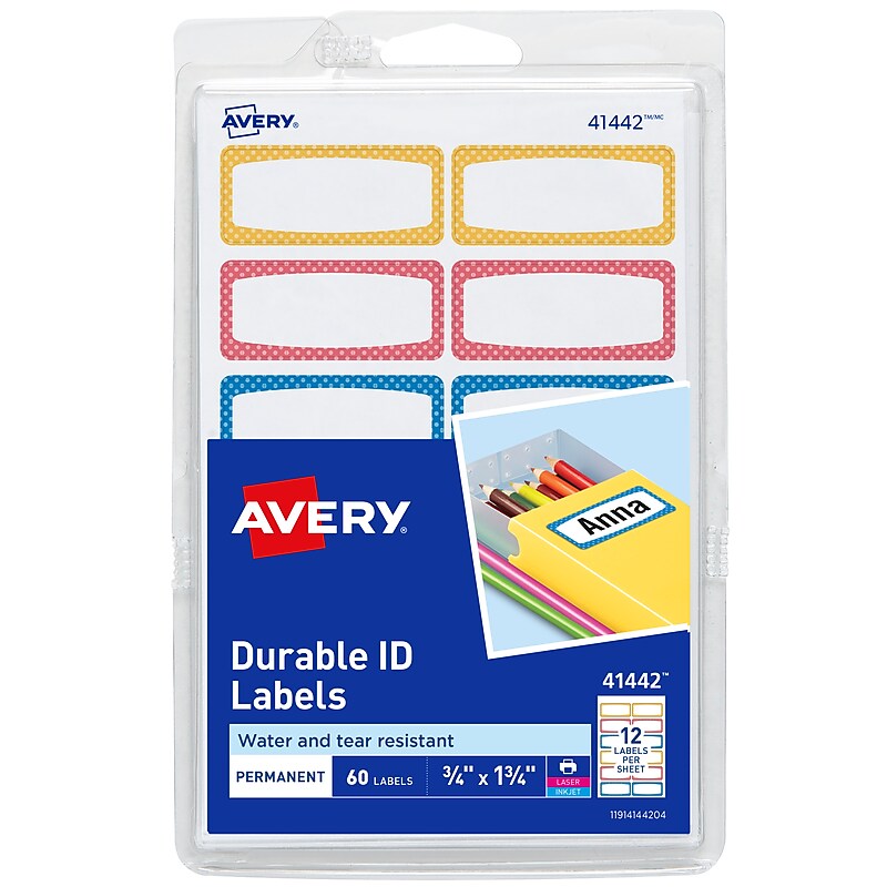 Avery Water-Resistant Laser/Inkjet ID Labels on 4" x 6" Sheets, 3/4" x 1-3/4", Assorted Border Colors, 60 Labels/Pack (41442) image 1