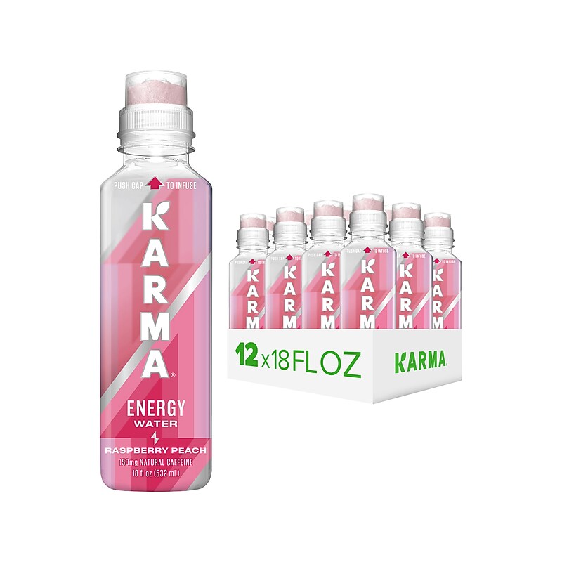 Karma Water Raspberry Peach Flavored Energy Water, 18 oz., 12 Bottles/Carton (8826) image 1