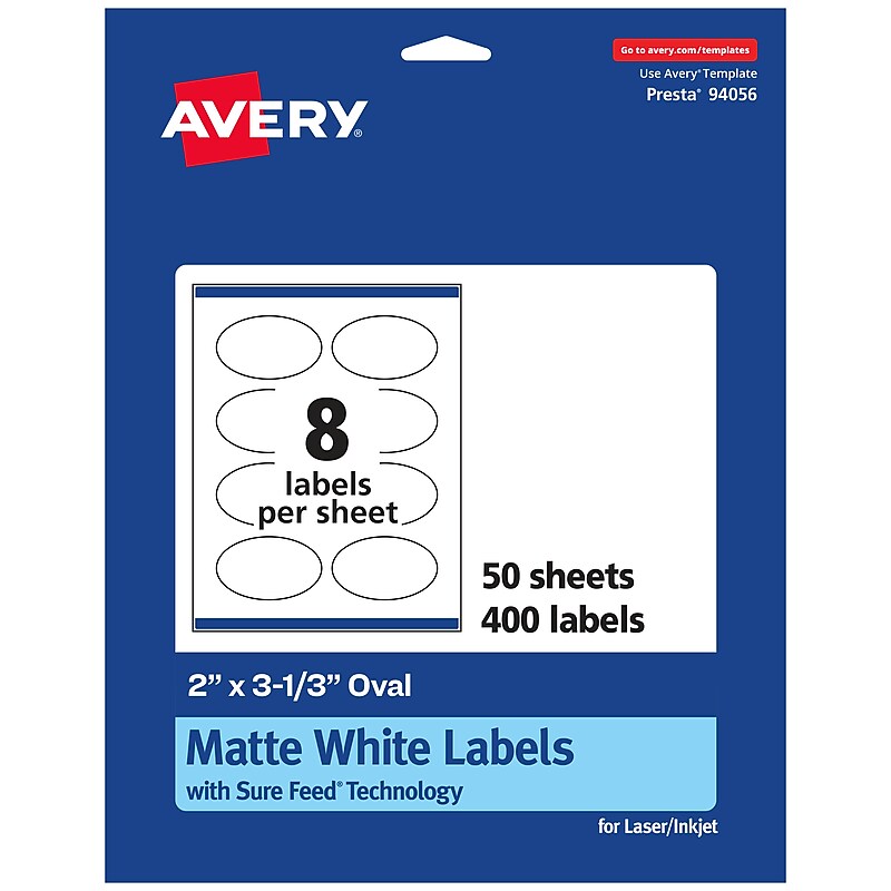 Avery Laser/Inkjet Oval Multipurpose Labels, 2" x 3.33", White, 400 Labels/Box (94056) image 1