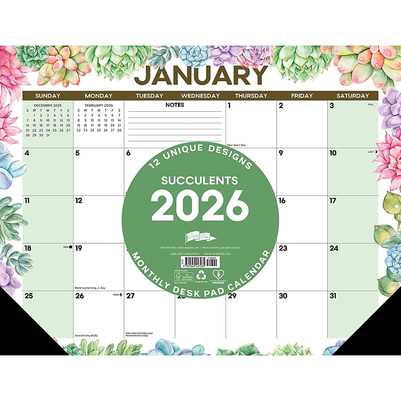 2026 Willow Creek Succulents 22" x 17" Monthly Desk Pad Calendar (57285) image 1