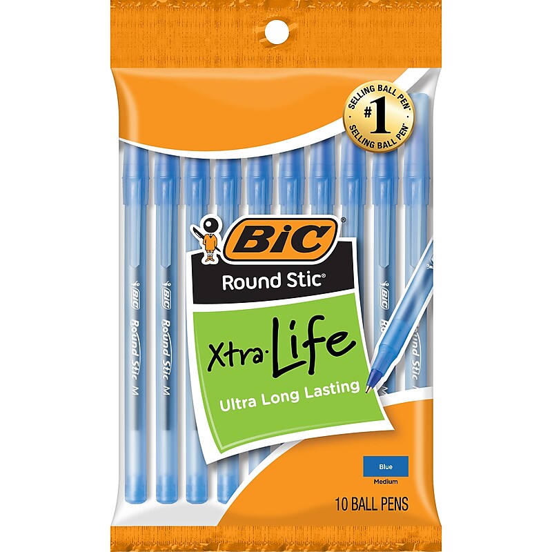 BIC Round Stic Xtra Life Ballpoint Pen, Medium Point, 1.0mm, Blue Ink, 10/Pack (GSMP101BE) image 1