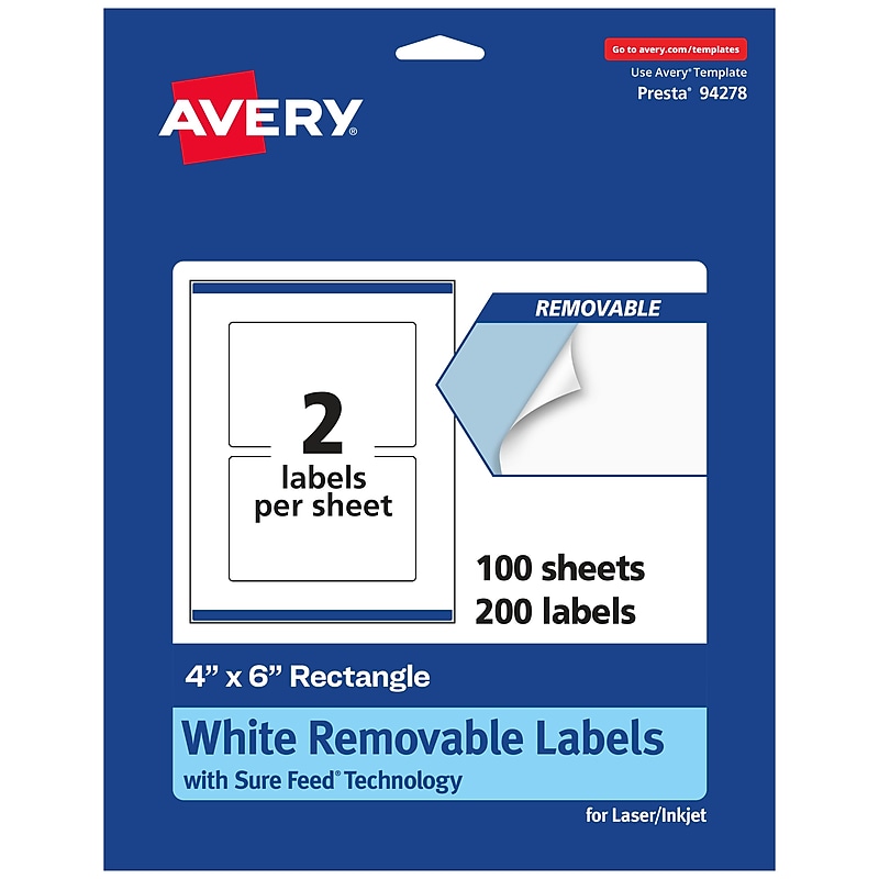 Avery Laser/Inkjet Waterproof Rectangle Multipurpose Labels, 4" x 6", White, 200 Labels/Box (94278) image 1