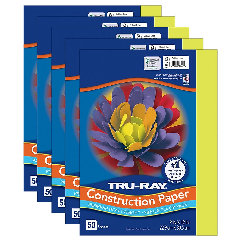 Tru-Ray 9" x 12" Construction Paper, Brilliant Lime, 50 Sheets/Pack, 5 Packs/Bundle (PAC103423-5) image 1
