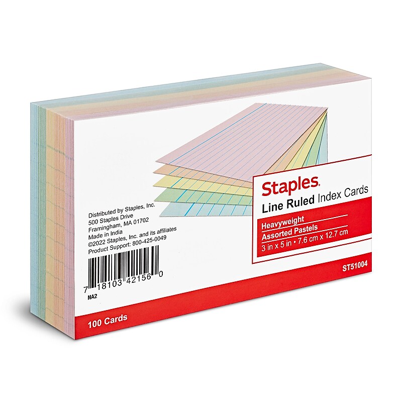 Staples 3" x 5" Index Cards, Lined, Assorted Colors, 100/Pack (TR51004) image 1